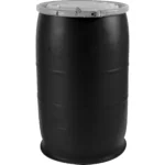 30 Gallon Black Plastic Drum, Cover w/Plastic Lever Lock, UN Rated, 2" & 3/4" Fittings