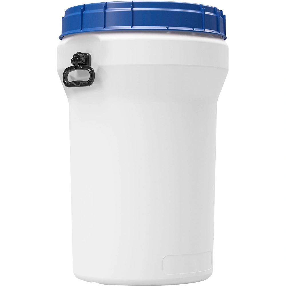 75-liter_white-hdpe-nestable-drum-with-blue-lid-and-black-handles_un-1h2-x75-s_57w75c_1 19.8 Gallon White Plastic Drum with Screw On Lid and Handles, UN Rated - Image 1