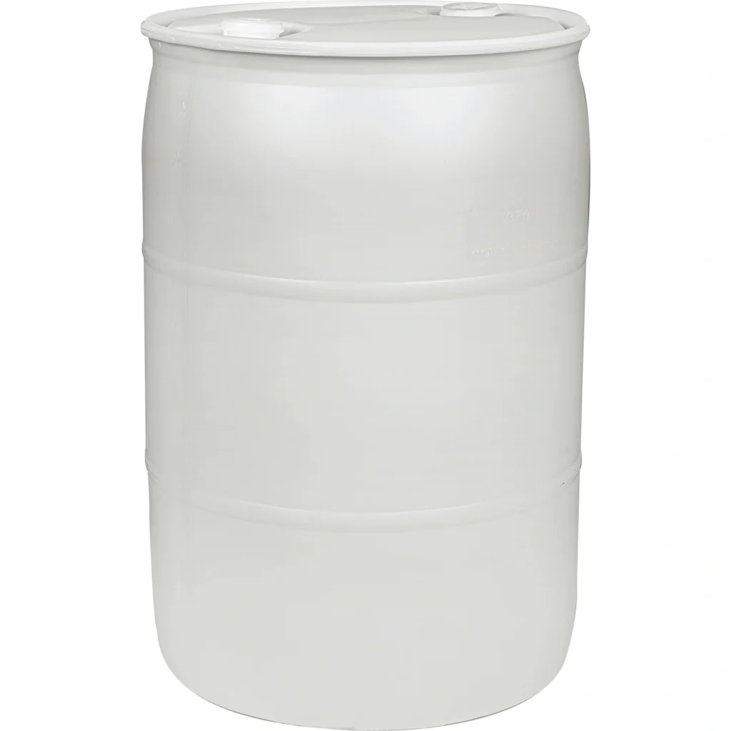 55 Gallon Natural Tight Head Plastic Drum, UN Rated, 2" NPT & 2" Buttress Fittings