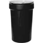 55 Gallon Black Plastic Drum, Taper Sided, UN Rated, Cover w/Metal Lever Lock, 2" & 3/4" Fittings