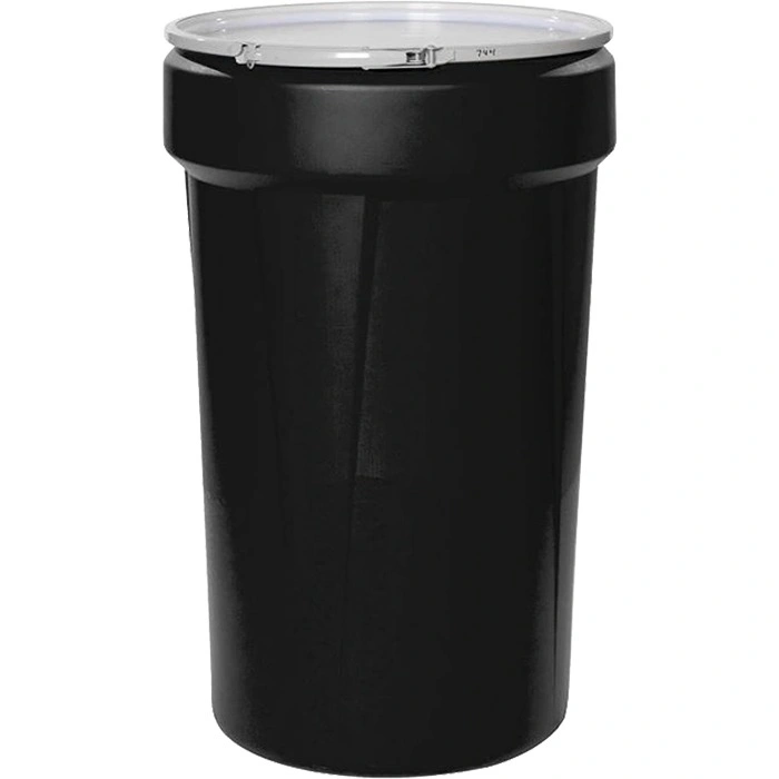 55-gallon_black-plastic-drum_taper-sided_un-rated_cover_metal-lever-lock_2-inch-and-0.75-inch-fittin 55 Gallon Black Plastic Drum, Taper Sided, UN Rated, Cover w/Metal Lever Lock, 2" & 3/4" Fittings - Image 1