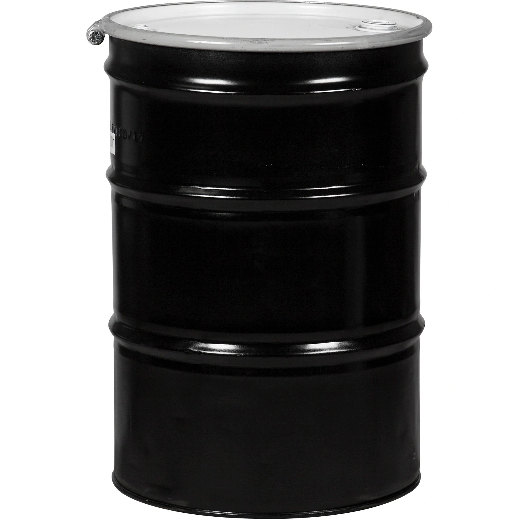 55gal-steel-drum_black_reconditioned_un-rated_lined_cover-with-bolt-ring_2in-and-0 55 Gallon Steel Drum, Black, Reconditioned, UN Rated, Lined, Cover w/Bolt Ring, 2" & 3/4" Fittings - Image 1
