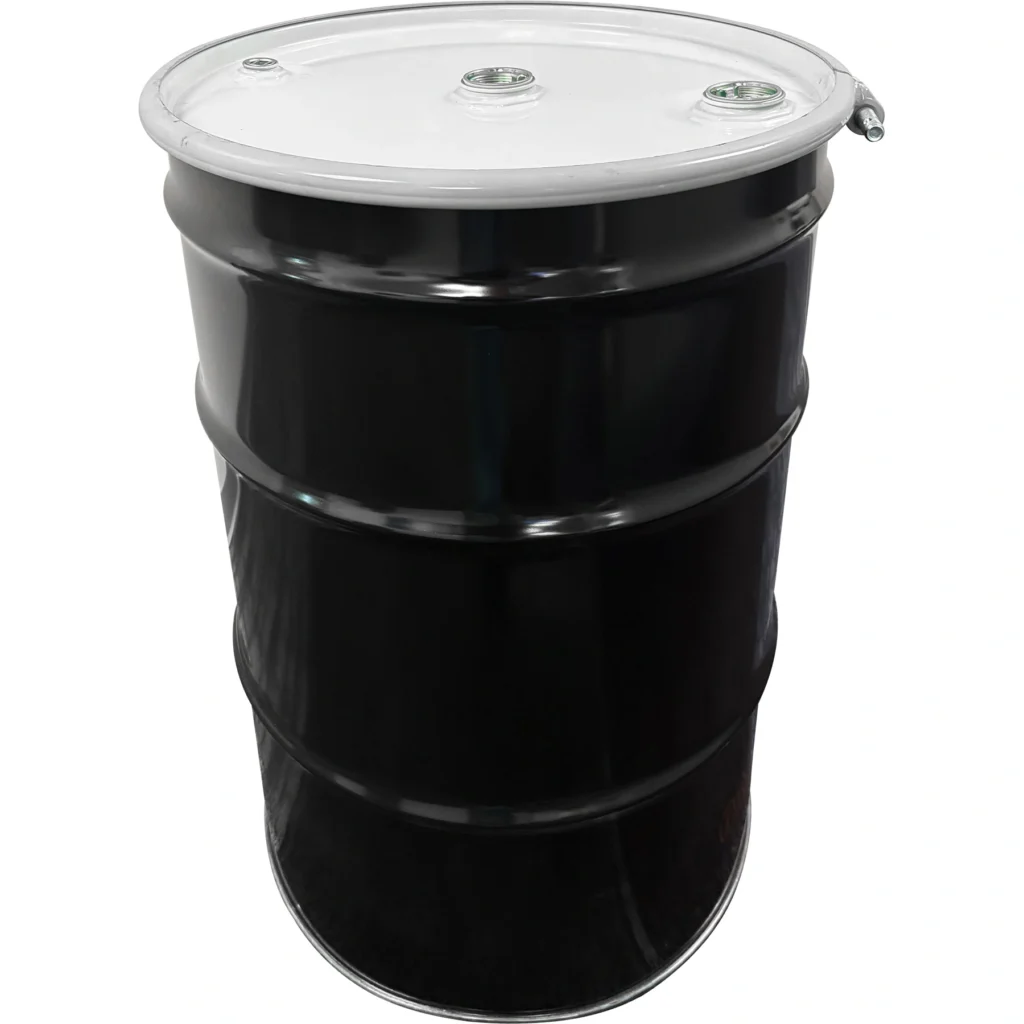 55 Gallon Steel Drum, Black, UN Rated, Unlined, White Cover w/Bolt Ring, Two 2" Fittings & One 3/4" Fitting